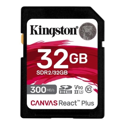 Cartão de memória SD Kingston 32GB preto com etiqueta branca e vermelha