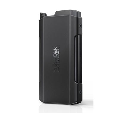 Disco rígido externo SanDisk preto com inscrição PROFESSIONAL