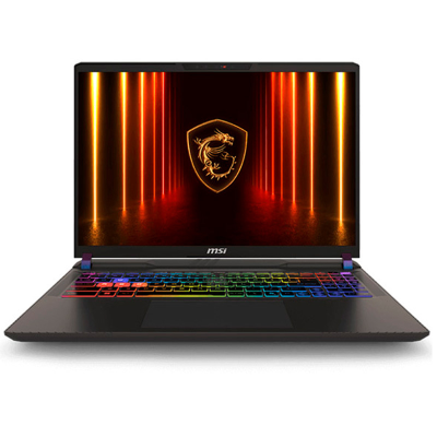 Portátil MSI preto com teclado iluminado a cores e ecrã com símbolo de dragão.