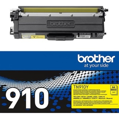 Cartucho toner Brother TN910Y amarelo com caixa azul e preta