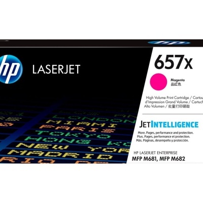 Cartucho de impressão HP LaserJet 657x magenta na embalagem preta e branca
