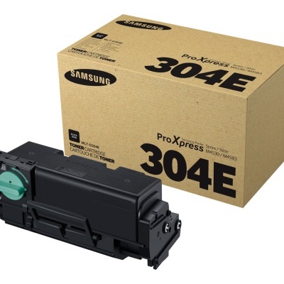 Cartucho de toner preto Samsung 304E e embalagem castanha com texto preto