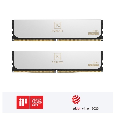 Módulos de memória RAM DDR5 T-CREATE EXPERT com dissipador branco e logótipos de prémios no fundo