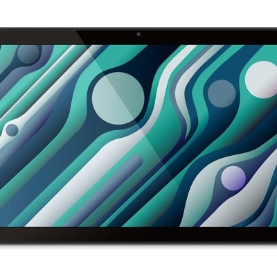 Tablet com ecrã abstrato em tons azuis e verdes