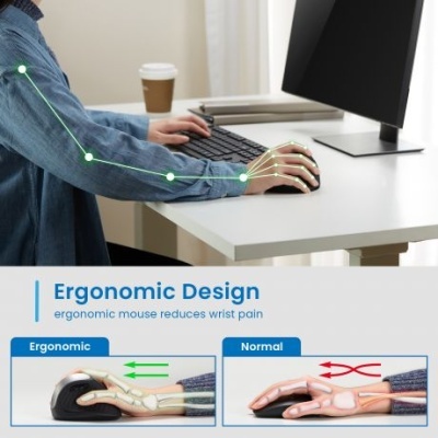 Mão a usar rato ergonómico preto numa secretária branca com texto explicativo do design ergonómico