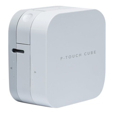 Impressora portátil de etiquetas P-TOUCH CUBE branca e compacta.