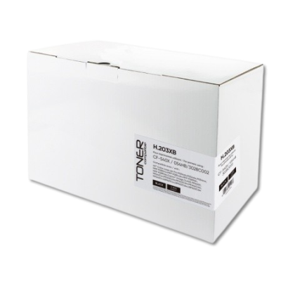 Caixa branca de cartão com etiqueta lateral de toner preto para impressora.