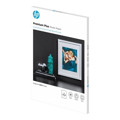 Pacote branco de papel fotográfico HP Premium Plus com imagem emoldurada e câmara