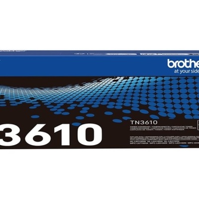 Caixa de toner Brother TN3610 azul e preta com padrão de pontos
