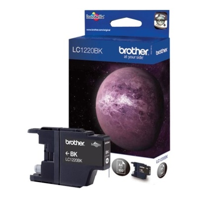 Cartucho de tinta preto Brother LC1220BK com embalagem azul e imagem de planeta