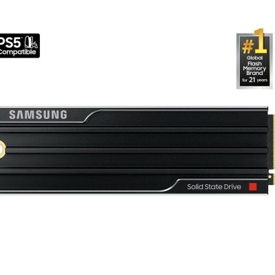 Disco sólido preto Samsung com texto e selo de confiança