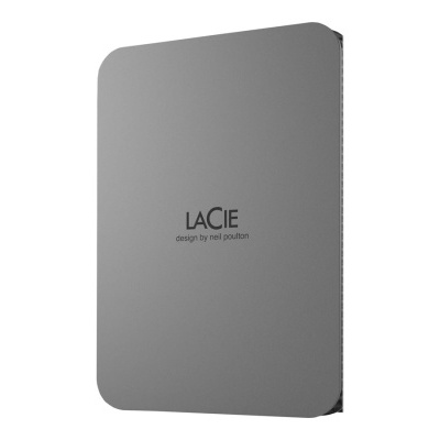 Disco rígido externo LaCie cinza metálico com texto no centro