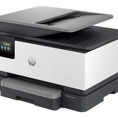 Impressora multifunções HP cinza e branca com ecrã táctil e tabuleiro aberto