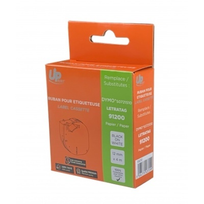 Embalagem de fita para etiquetadora com texto e cores laranja, verde e branco