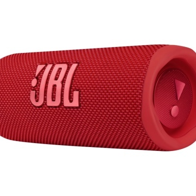 Coluna portátil JBL vermelha com logótipo na lateral e botão triangular