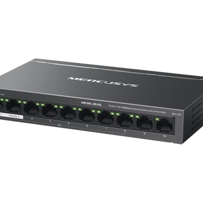 Switch de rede MERCUSYS preto com 8 portas Ethernet e LEDs verdes