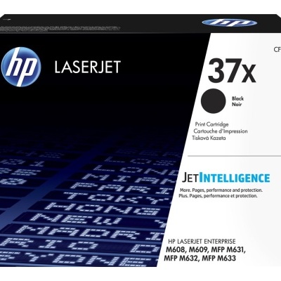 Embalagem de toner HP LaserJet CF237X preto 37x com texto multilíngue e lista de modelos compatíveis.