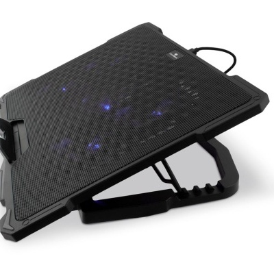 Suporte para portátil preto com superfície de malha e luzes LED azuis