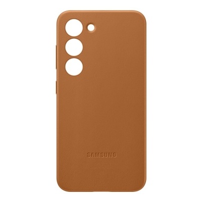Capa castanha para telemóvel Samsung com três orifícios para câmara.