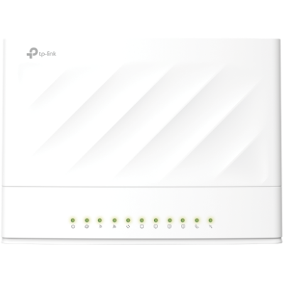 Equipamento de rede TP-Link branco com luzes LED verdes