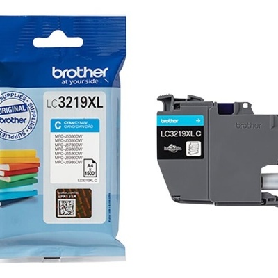 Tinteiro Brother LC3219XL ciano com embalagem azul e branca
