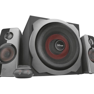 Conjunto de colunas e subwoofer Trust preto com detalhes em vermelho