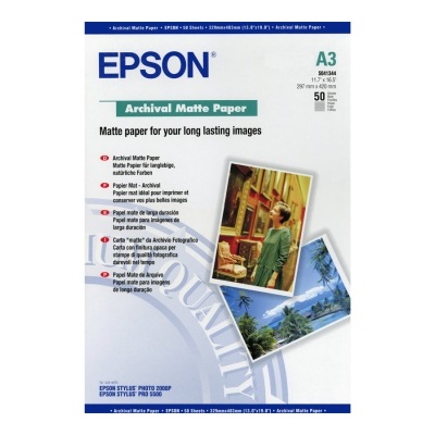 Pacote de papel fosco Epson Archival Matte A3 com design branco azul e texto informativo