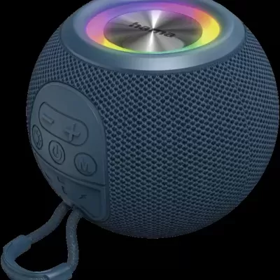 Coluna portátil azul redonda com botões de controlo e luz colorida no topo