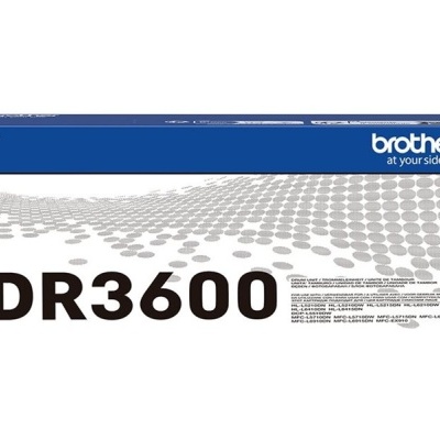 Caixa de toner Brother DR3600 branca e azul com padrão de pontos cinzentos