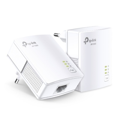 Adaptadores de rede TP-Link AV1000 brancos com indicadores luminosos