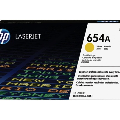 Caixa de cartucho de impressão HP LaserJet 654A amarela