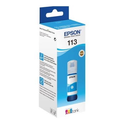 Embalagem azul e branca com tinta Epson 113 para impressora, cor azul.