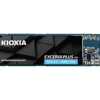 SSD M.2 Kioxia EXCERIA PLUS G4 azul e preto com etiquetas de texto