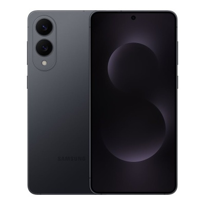 Smartphone Samsung preto visto de frente e traseira com duas câmaras