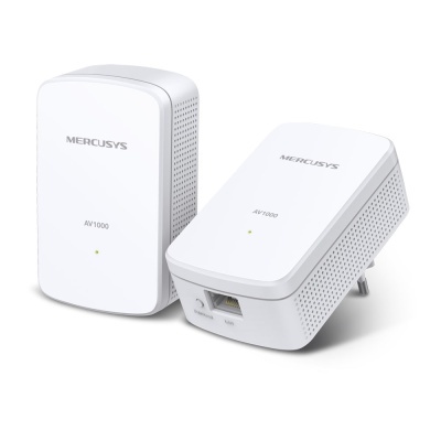 Dois adaptadores de rede Mercusys AV1000 brancos, um com porta Ethernet e ficha elétrica.