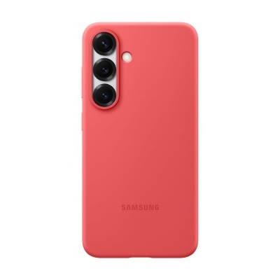 Telemóvel Samsung vermelho com três câmaras traseiras verticais e capa protetora fosca