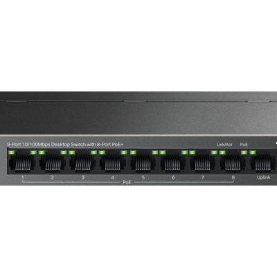 Switch de secretária TP-Link preto com 8 portas RJ45 e indicadores LED verdes