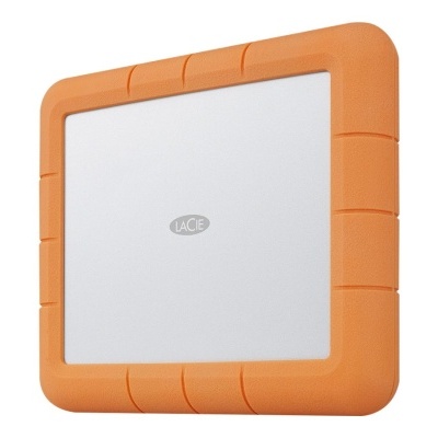 Disco rígido externo LaCie com estrutura em borracha protetora laranja e caixa branca