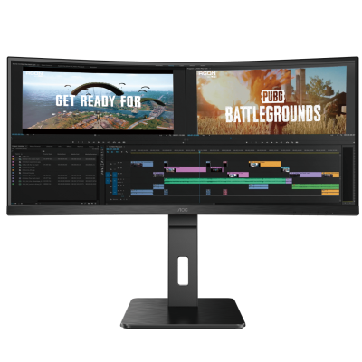 monitor ultrawide curvo preto com ecrãs a mostrar videojogos e edição de vídeo