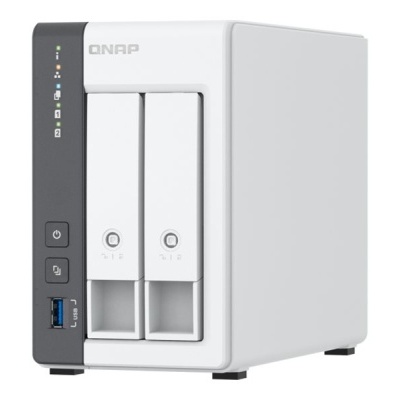 Dispositivo de armazenamento QNAP NAS branco com duas baias para discos e LEDs