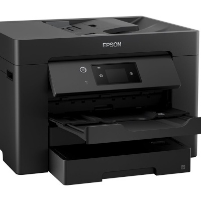 Impressora multifuncional Epson preta com ecrã táctil e bandejas abertas
