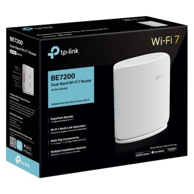 Caixa preta com router TP-Link BE7200 Wi-Fi 7 branco