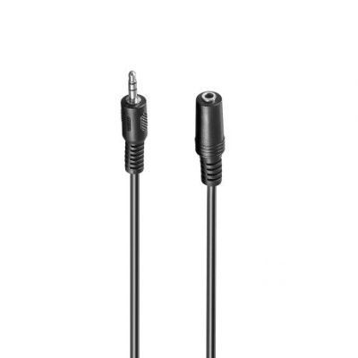 Cabo extensor de áudio preto com dois conectores 3,5 mm em fundo branco