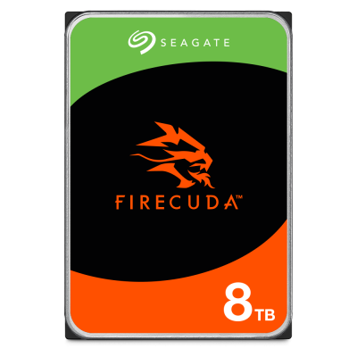 Disco rígido Seagate FireCuda 8TB com etiqueta colorida e ícone de dragão.