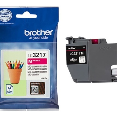 Cartucho de tinta Brother LC3217 Magenta com embalagem azul e cartucho cinza