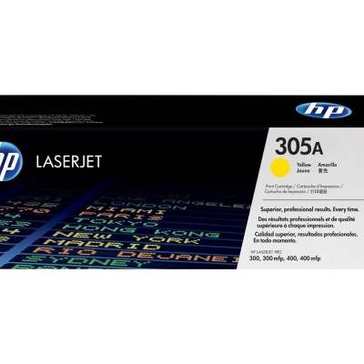 Cartucho toner HP LaserJet 305A amarelo em embalagem preta e branca