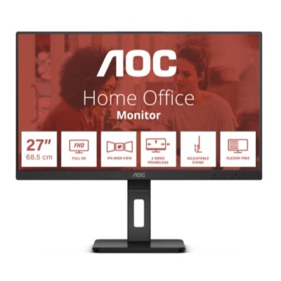 Monitor AOC Home Office 27 polegadas com suporte ajustável e ícones de características técnicas