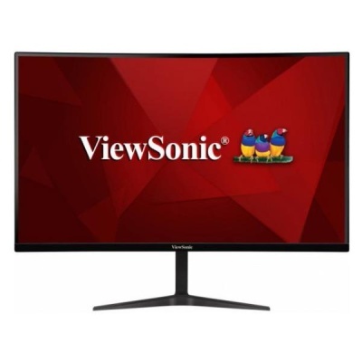 Monitor ViewSonic preto com ecrã vermelho e logótipo com três pássaros