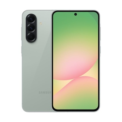 Smartphone Samsung verde claro com três câmaras traseiras e ecrã frontal