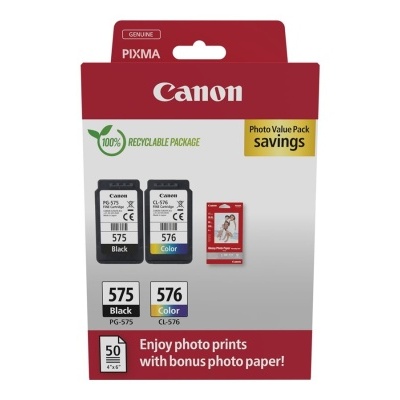 Embalagem de tinteiros Canon PIXMA preto e colorido com oferta de papel fotográfico